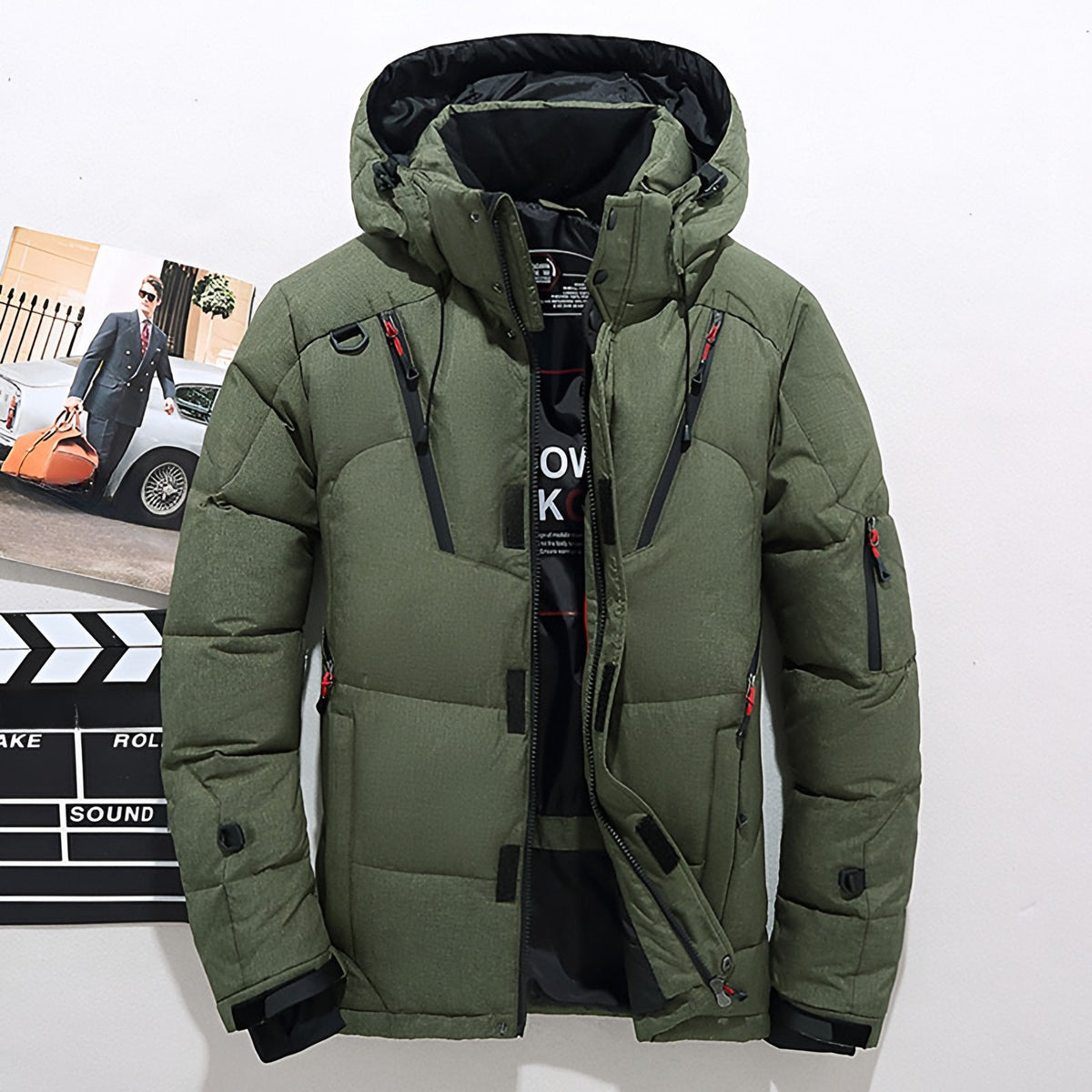 Men's hooded puffer jacket with wide quilted panels, zipped chest pockets and adjustable cuffs - army green