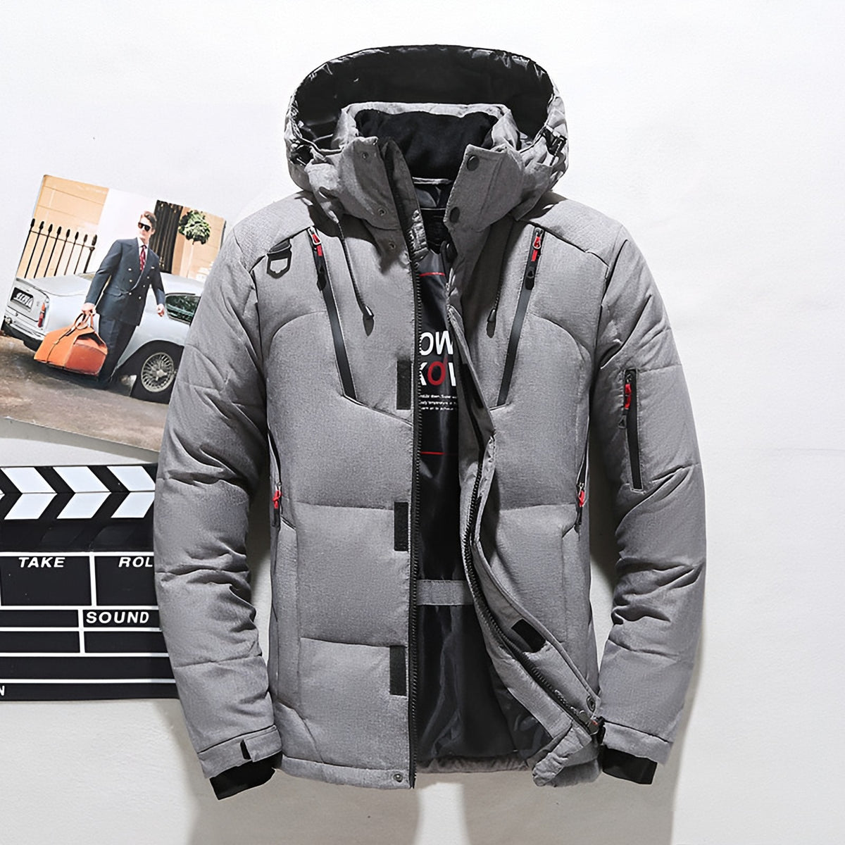 Men's hooded puffer jacket with wide quilted panels, zipped chest pockets and adjustable cuffs - grey