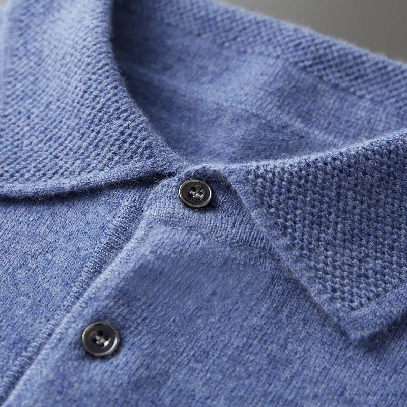 Men's long sleeve knitted polo with a textured collar and three buttons - view 3