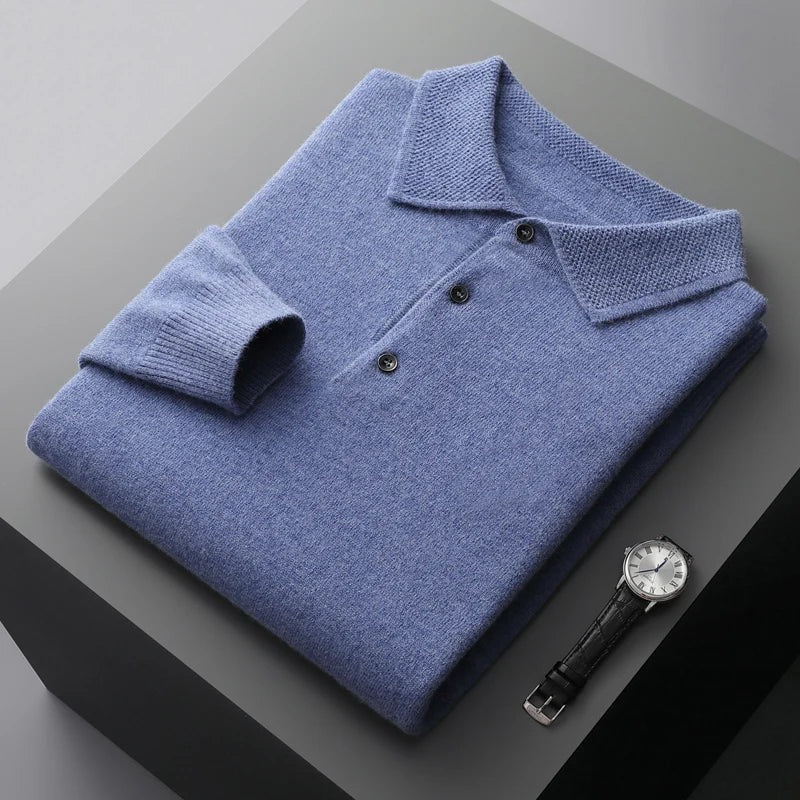 Men's long sleeve knitted polo with a textured collar and three buttons - mid blue