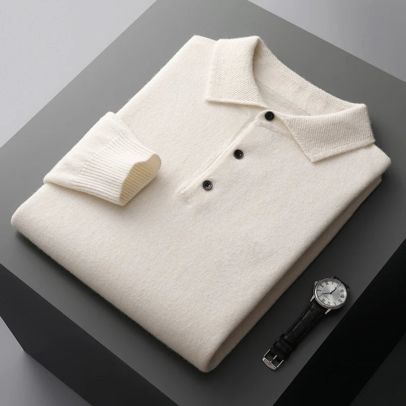 Men's long sleeve knitted polo with a textured collar and three buttons - ecru