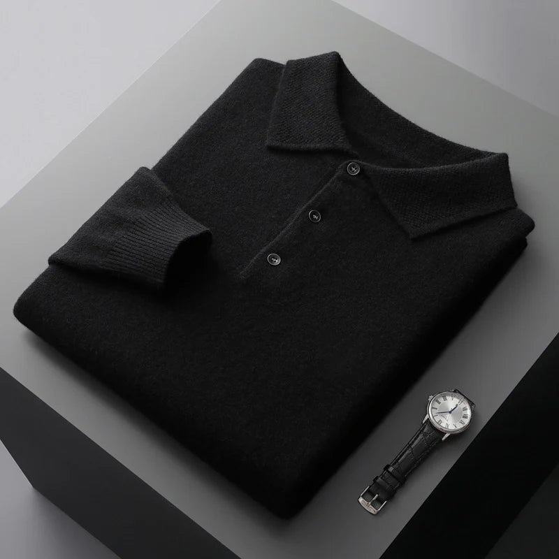 Men's long sleeve knitted polo with a textured collar and three buttons - black