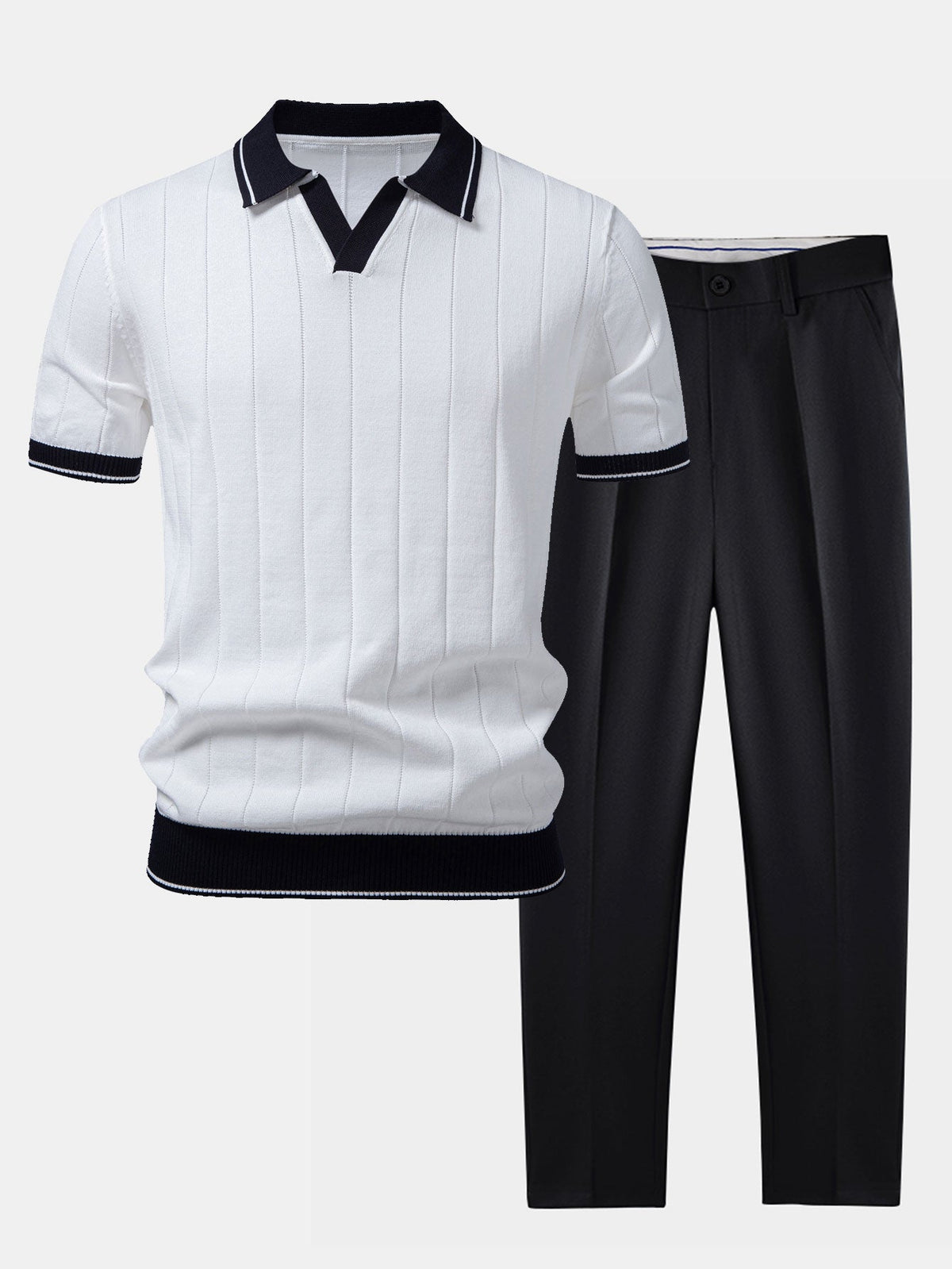 Two-piece set for men with ribbed knit polo, open V collar and tapered trousers - white/black