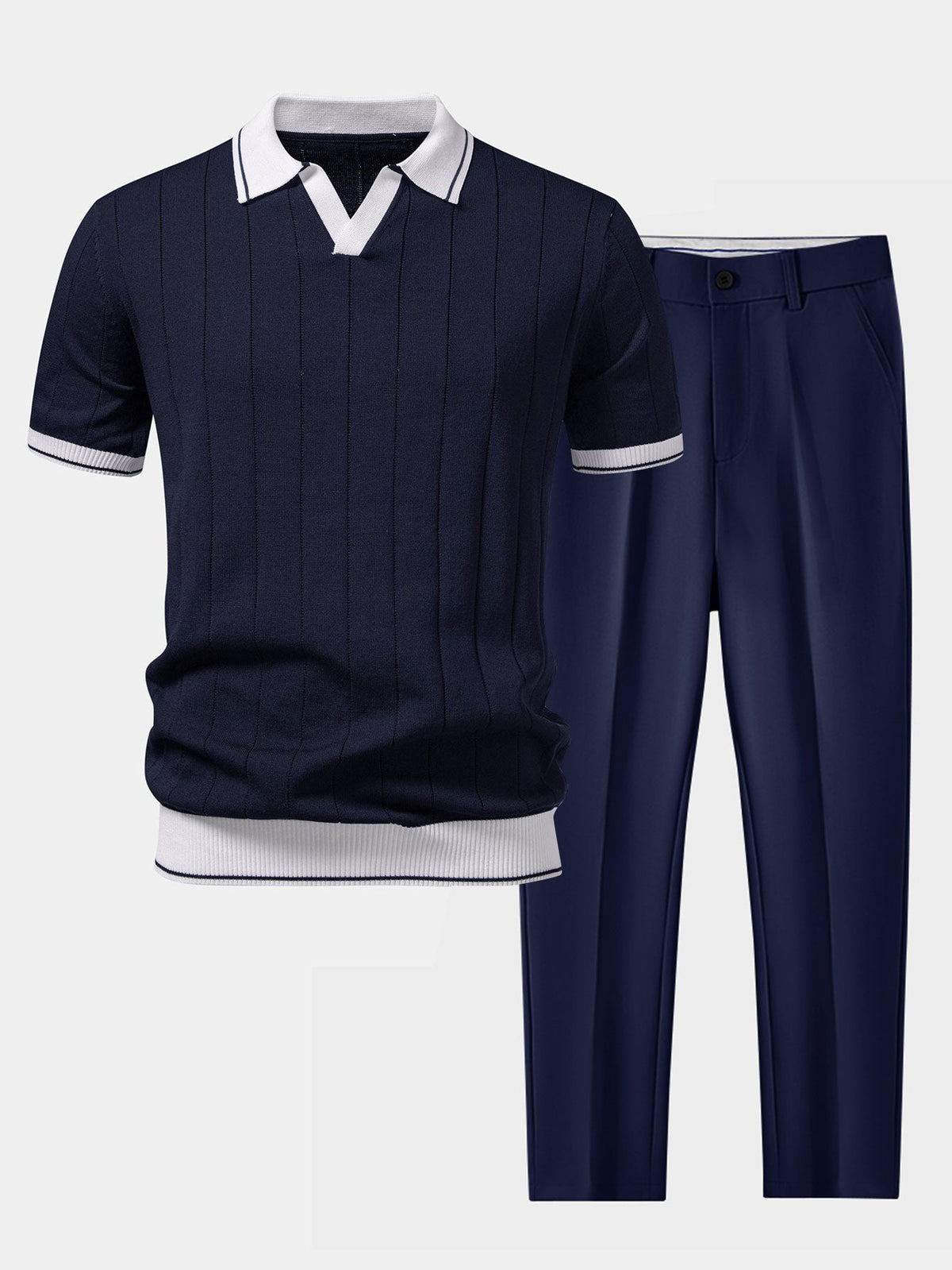 Two-piece set for men with ribbed knit polo, open V collar and tapered trousers - navy