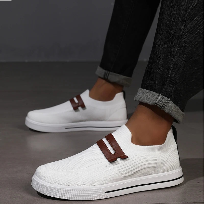 Men's knit slip-on trainers with a double faux leather strap across the instep - view 4