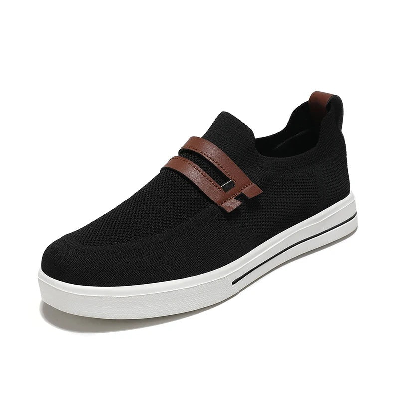 Men's knit slip-on trainers with a double faux leather strap across the instep - black