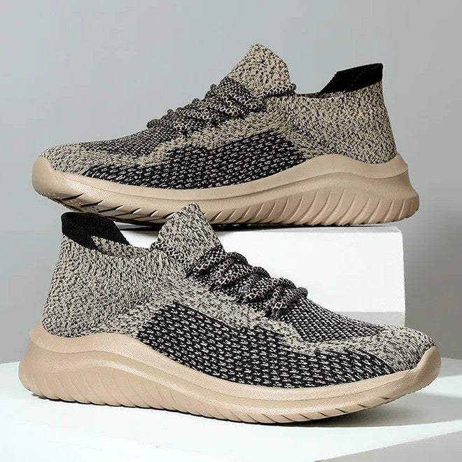 Men's knit sock trainers with laces and a lightweight cushioning sole - marled beige