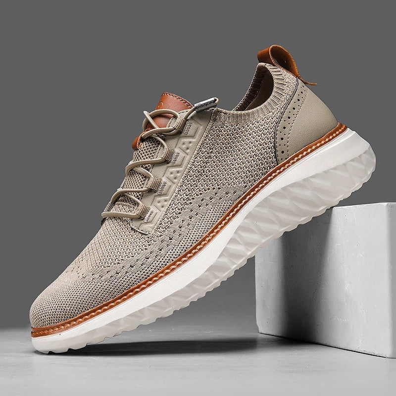 Men's knit trainers with a faux leather brogue heel, elastic laces and a white diamond-tread sole - beige