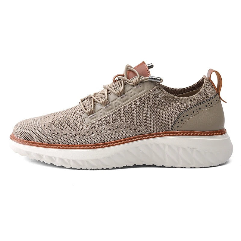 Men's knit trainers with a faux leather brogue heel, elastic laces and a white diamond-tread sole - view 3
