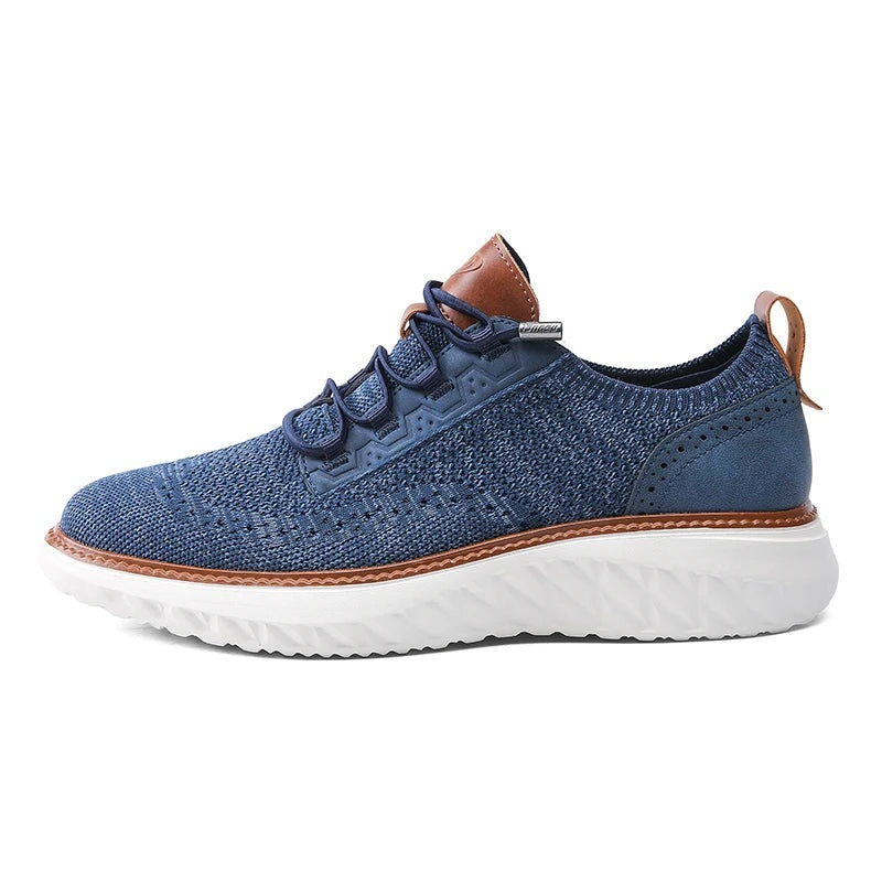 Men's knit trainers with a faux leather brogue heel, elastic laces and a white diamond-tread sole - view 4