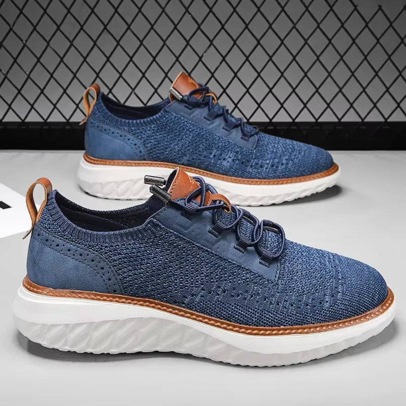 Men's knit trainers with a faux leather brogue heel, elastic laces and a white diamond-tread sole - view 8