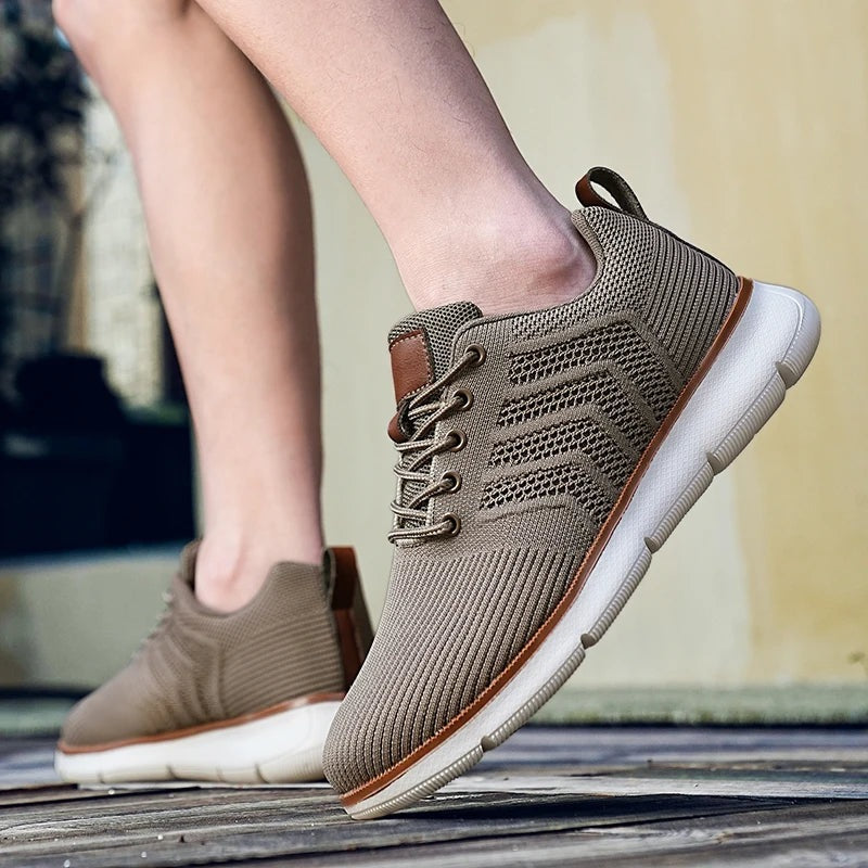 Men's knit trainers with an open chevron pattern, lightweight sole and faux leather tab - view 2