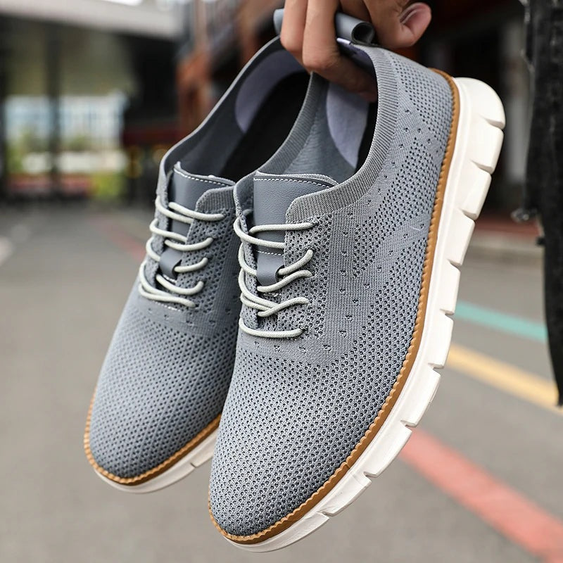 Men's knit trainers with a faux leather lace panel and a lightweight white sole - light grey
