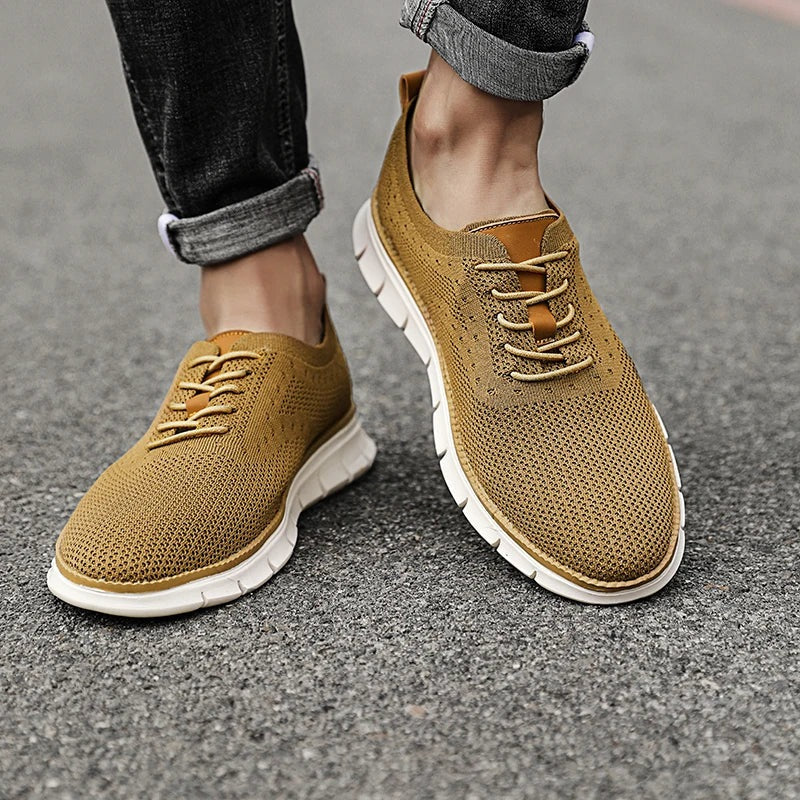 Men's knit trainers with a faux leather lace panel and a lightweight white sole - view 7
