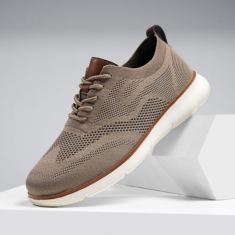 Men's knit trainers with trim and heel loop in tan faux leather and a light sole - taupe
