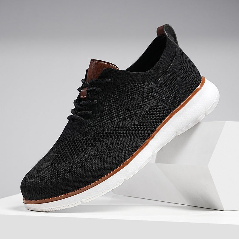 Men's knit trainers with trim and heel loop in tan faux leather and a light sole - black