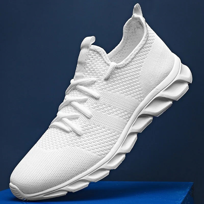 Men's knit trainers with a sock-like collar, flexible wave sole and heel loop - white