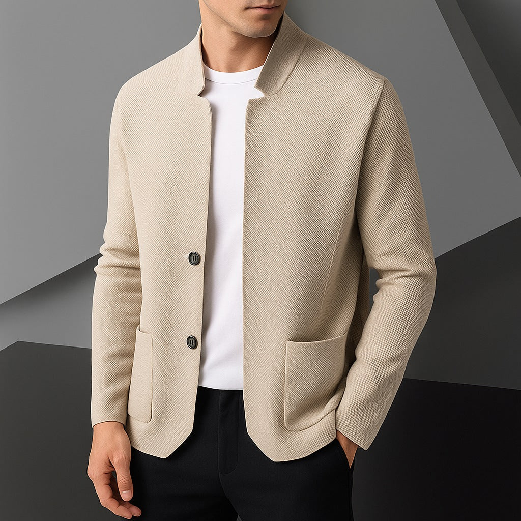 Men's knitted blazer cardigan with a stand collar and patch pockets - beige