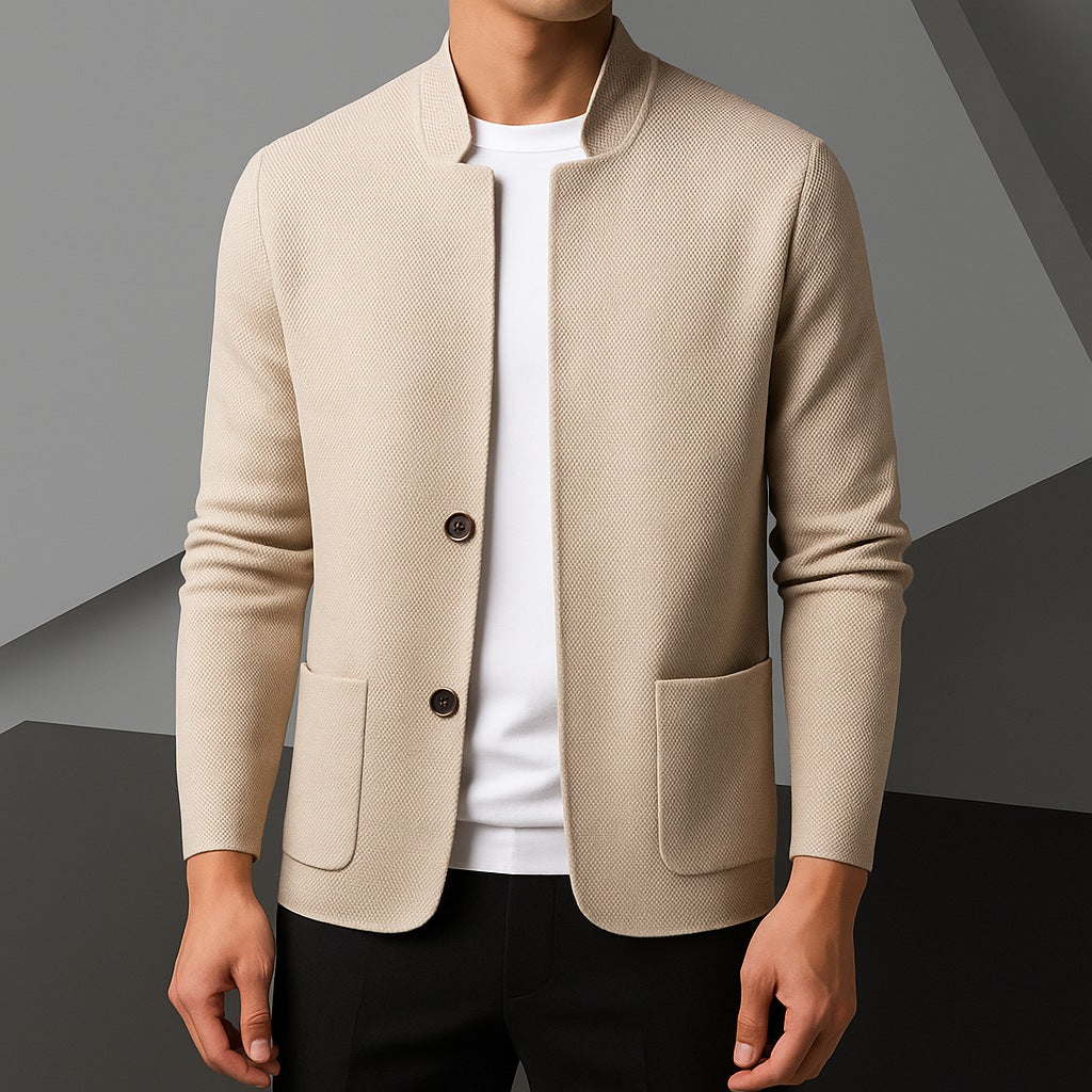 Men's knitted blazer cardigan with a stand collar and patch pockets - view 2