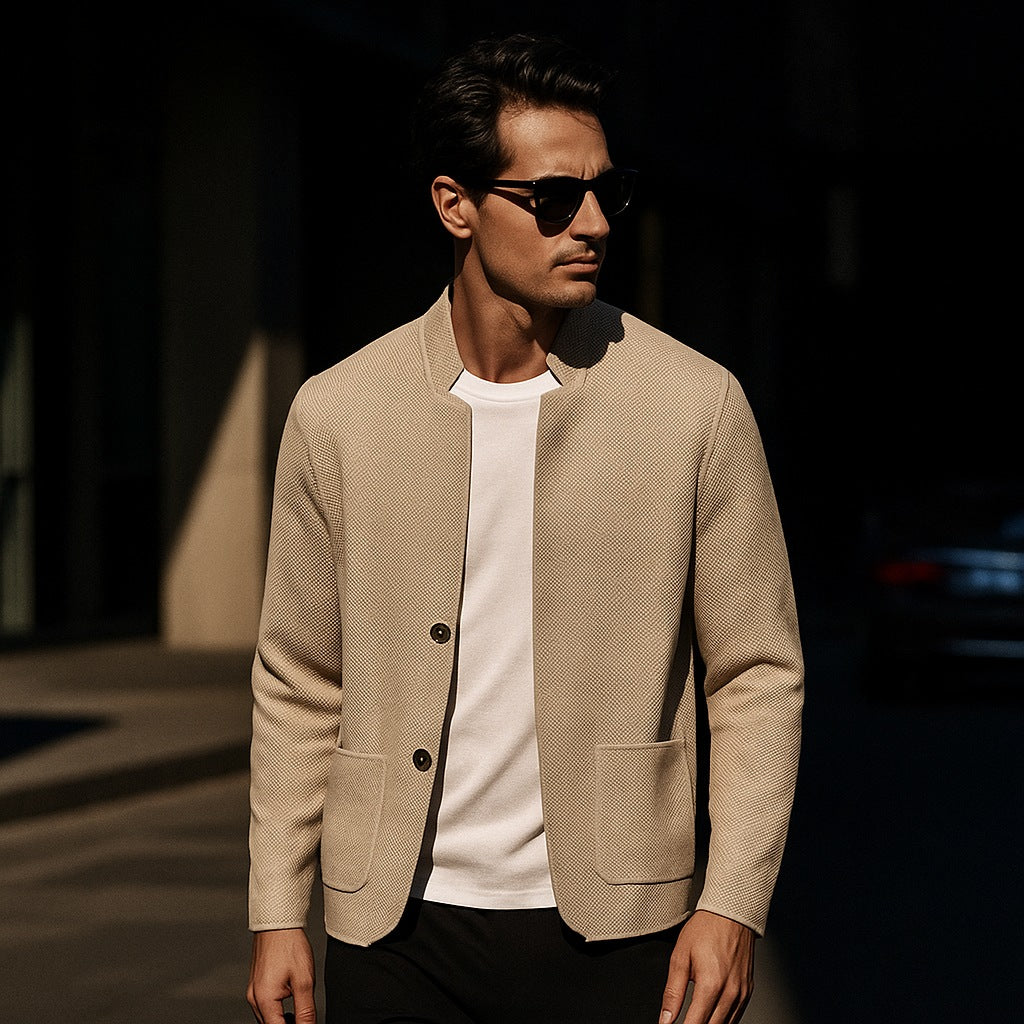 Men's knitted blazer cardigan with a stand collar and patch pockets - view 3