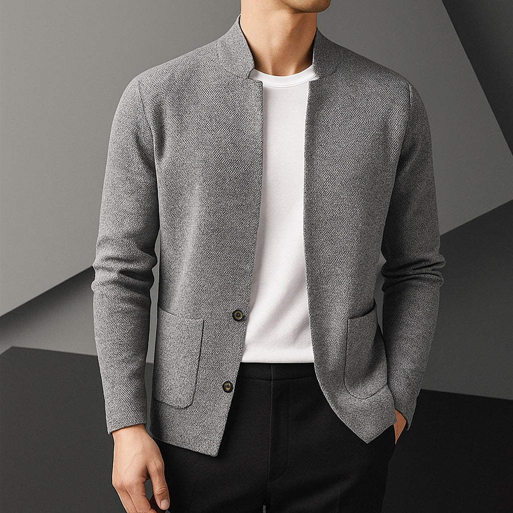 Men's knitted blazer cardigan with a stand collar and patch pockets - grey marl