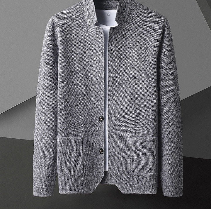 Men's knitted blazer cardigan with a stand collar and patch pockets - view 6