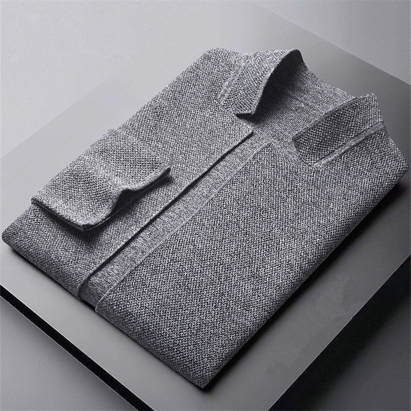 Men's knitted blazer cardigan with a stand collar and patch pockets - view 8
