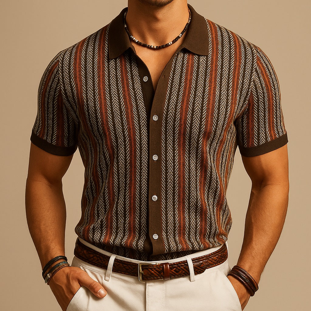 Men's knitted button-through polo with vertical herringbone stripes - brown