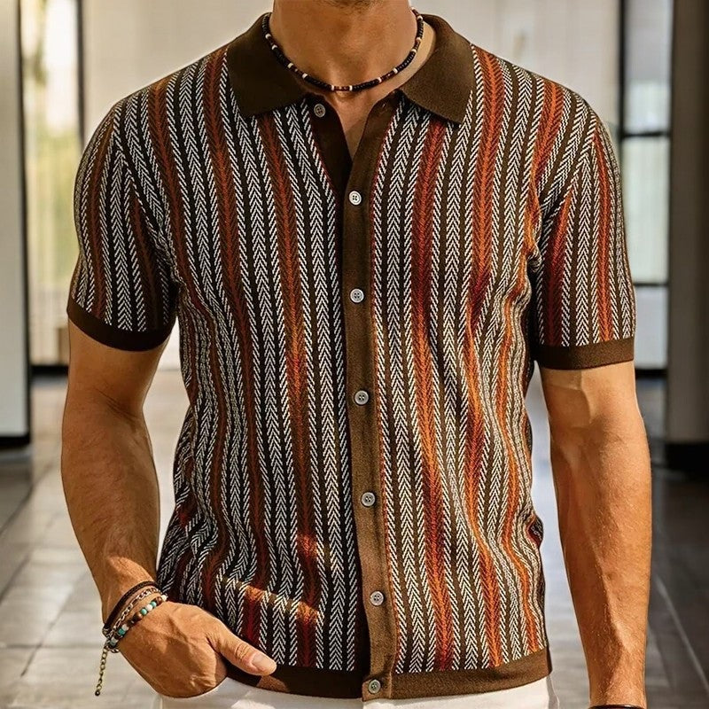 Men's knitted button-through polo with vertical herringbone stripes - view 2