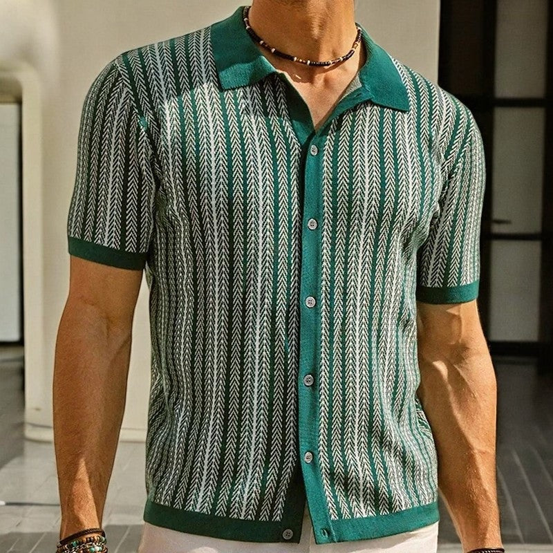 Men's knitted button-through polo with vertical herringbone stripes - green