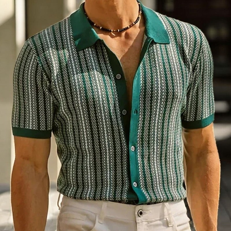 Men's knitted button-through polo with vertical herringbone stripes - view 4