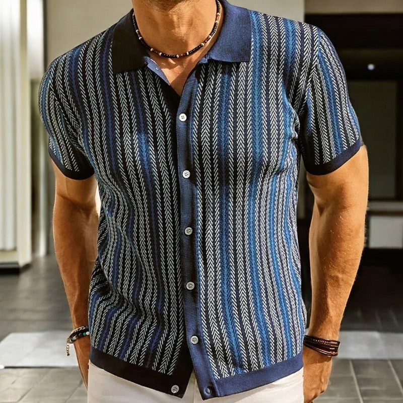 Men's knitted button-through polo with vertical herringbone stripes - view 6