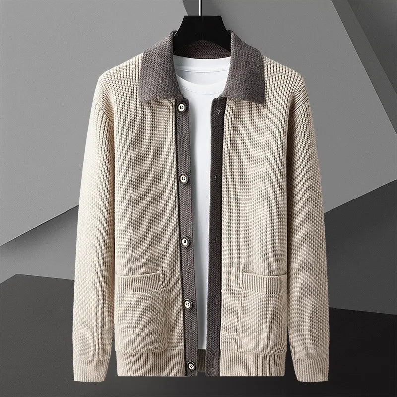 Men's knitted cardigan with a contrast shirt collar, button front and patch pockets - beige