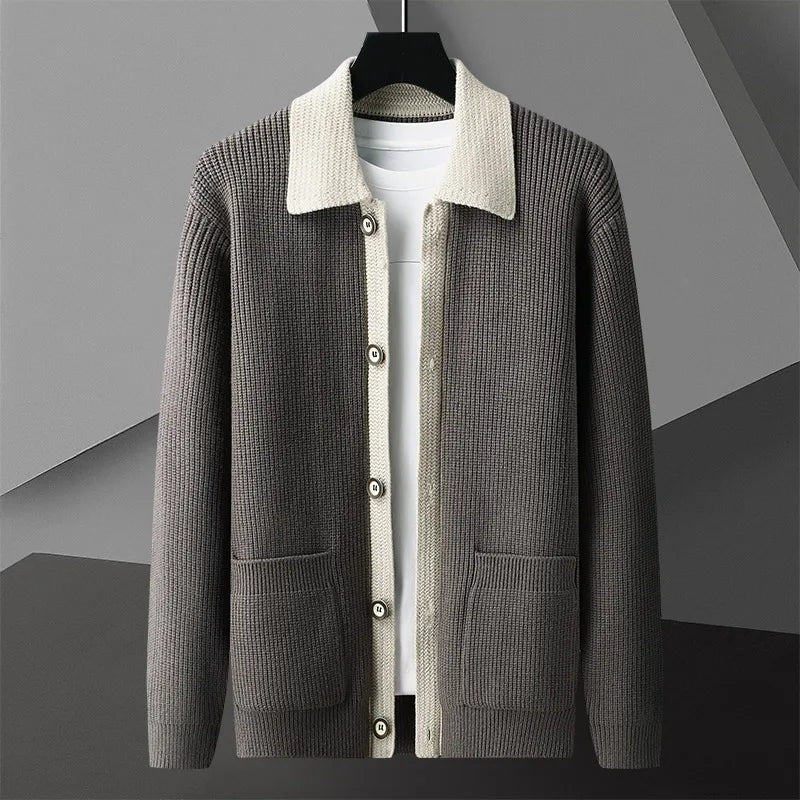 Men's knitted cardigan with a contrast shirt collar, button front and patch pockets - taupe