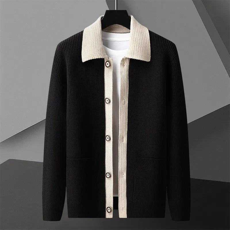 Men's knitted cardigan with a contrast shirt collar, button front and patch pockets - black