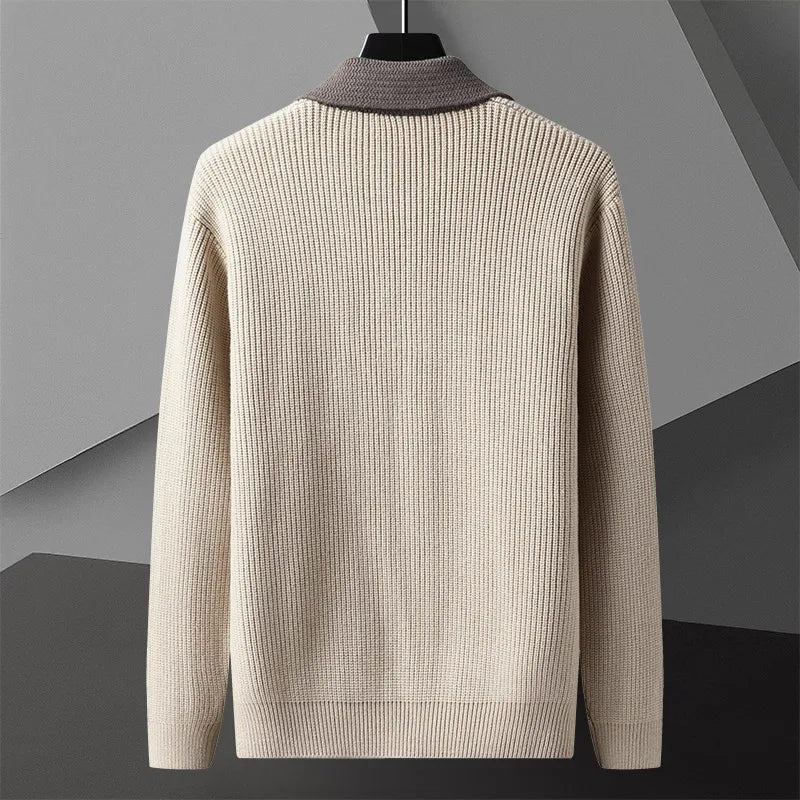 Men's knitted cardigan with a contrast shirt collar, button front and patch pockets - view 4