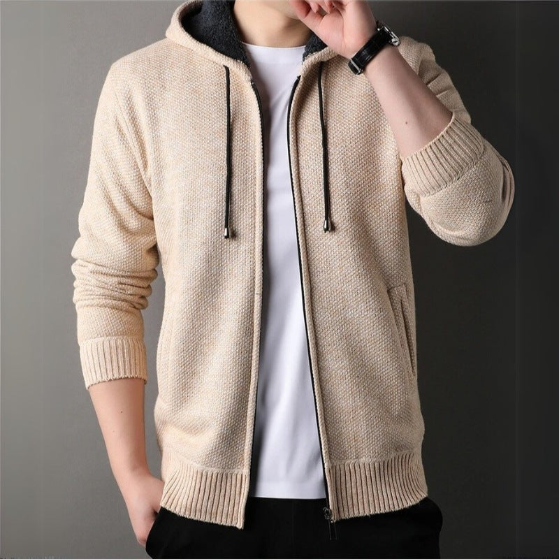 Men's knitted hooded cardigan with a zip and fleece lining - view 2