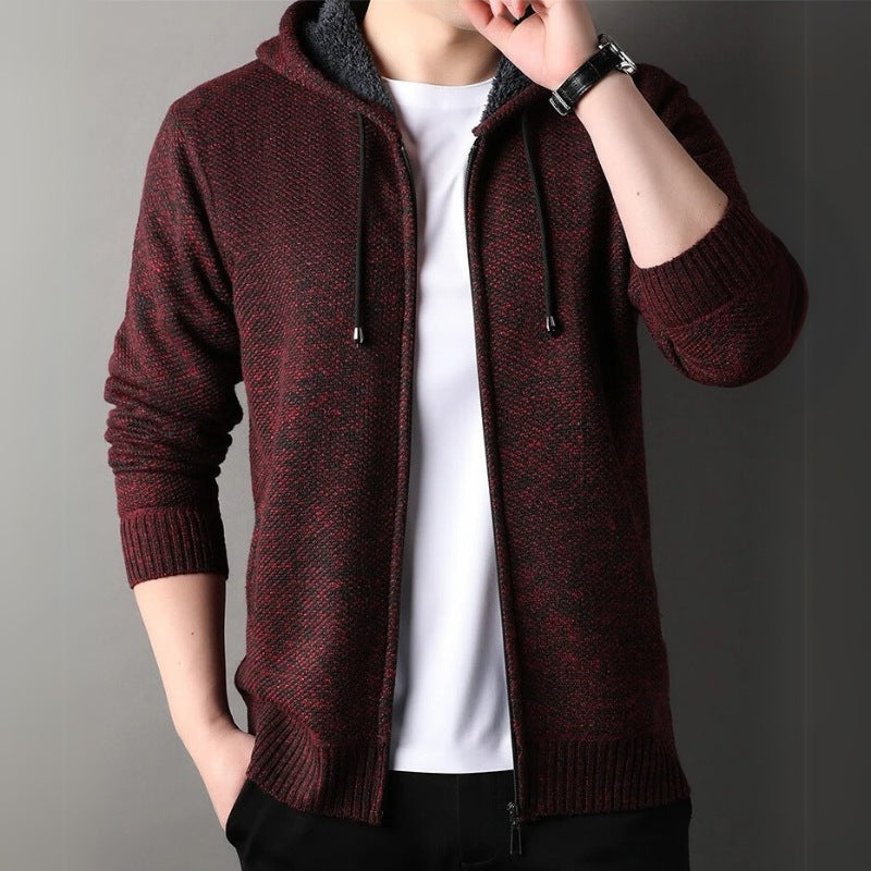 Men's knitted hooded cardigan with a zip and fleece lining - view 7