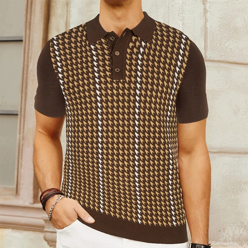 Men's knitted houndstooth polo with solid sleeves and collar - ochre