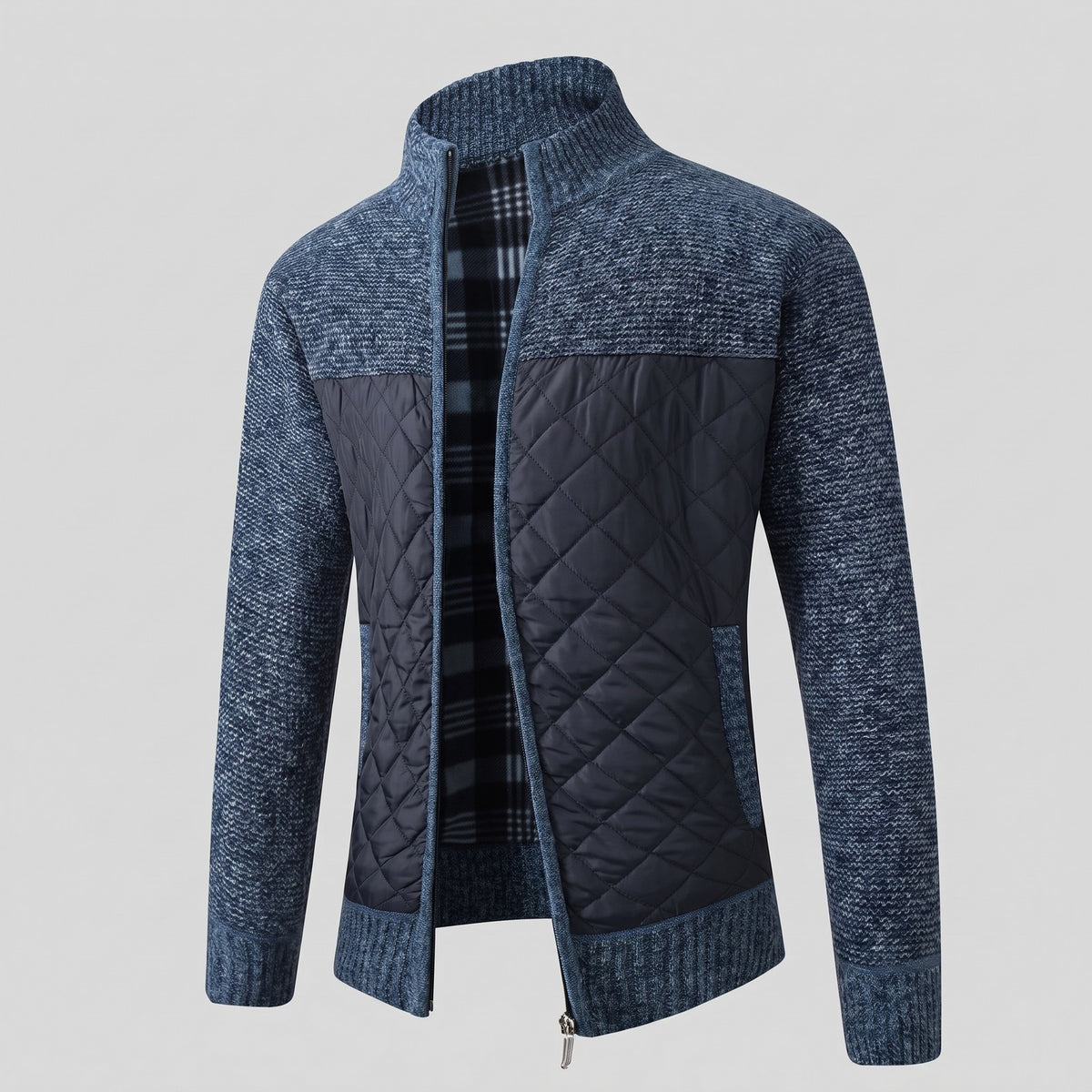 Men's knitted jacket with a quilted front and fleece lining - blue