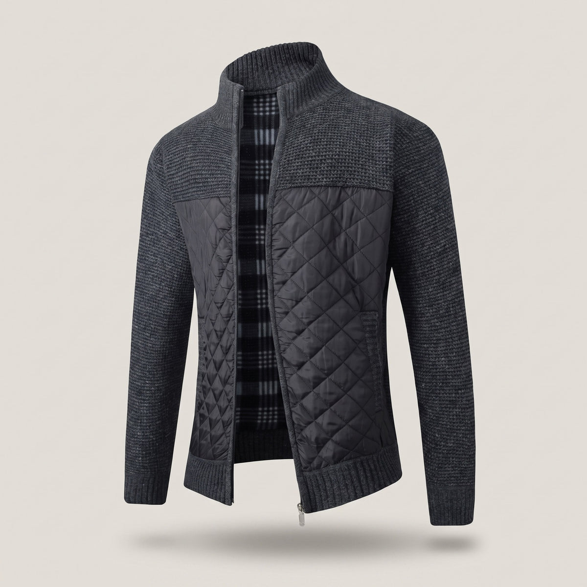 Men's knitted jacket with a quilted front and fleece lining - black