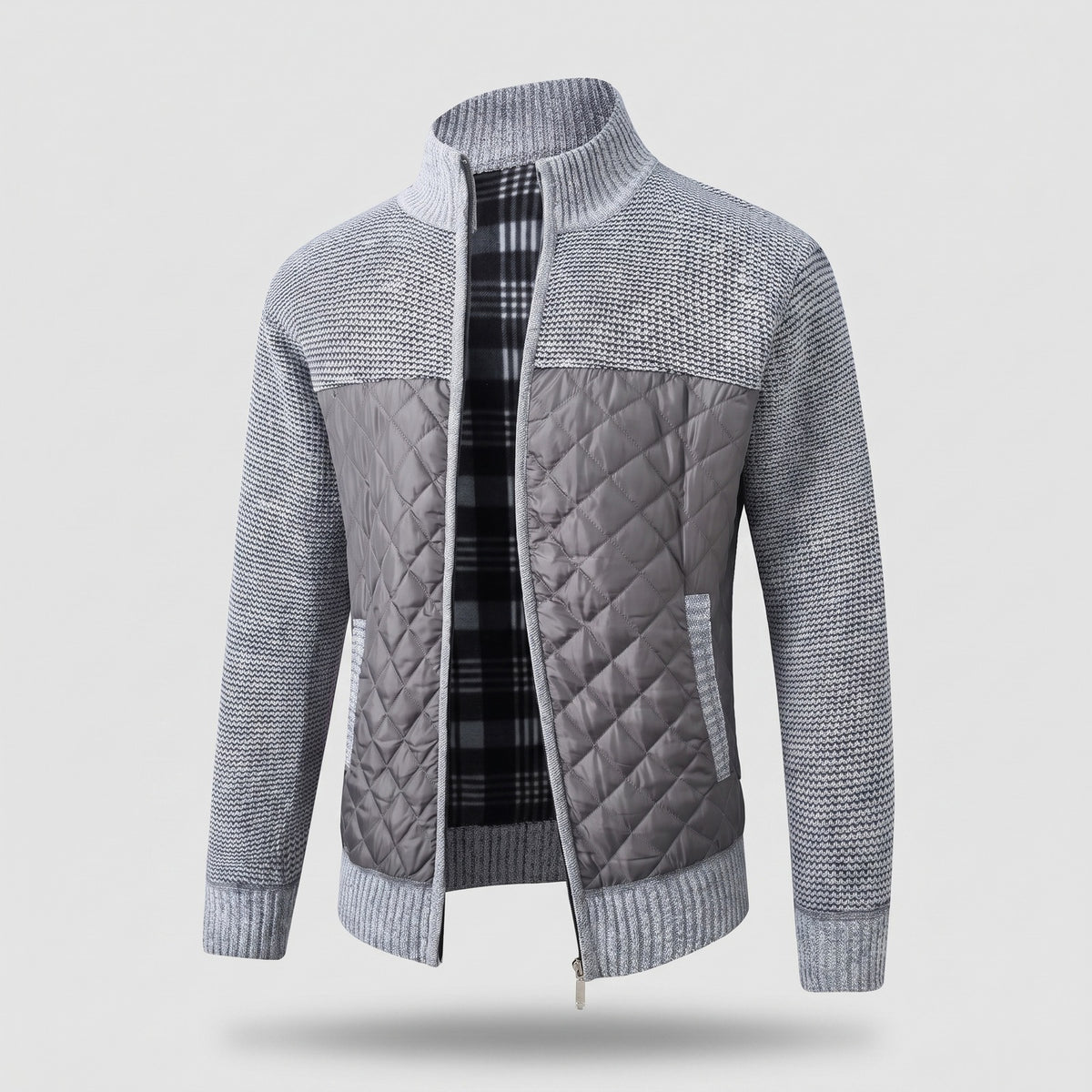 Men's knitted jacket with a quilted front and fleece lining - light grey