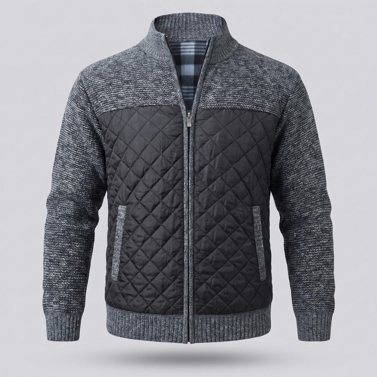 Men's knitted jacket with a quilted front and fleece lining - dark grey