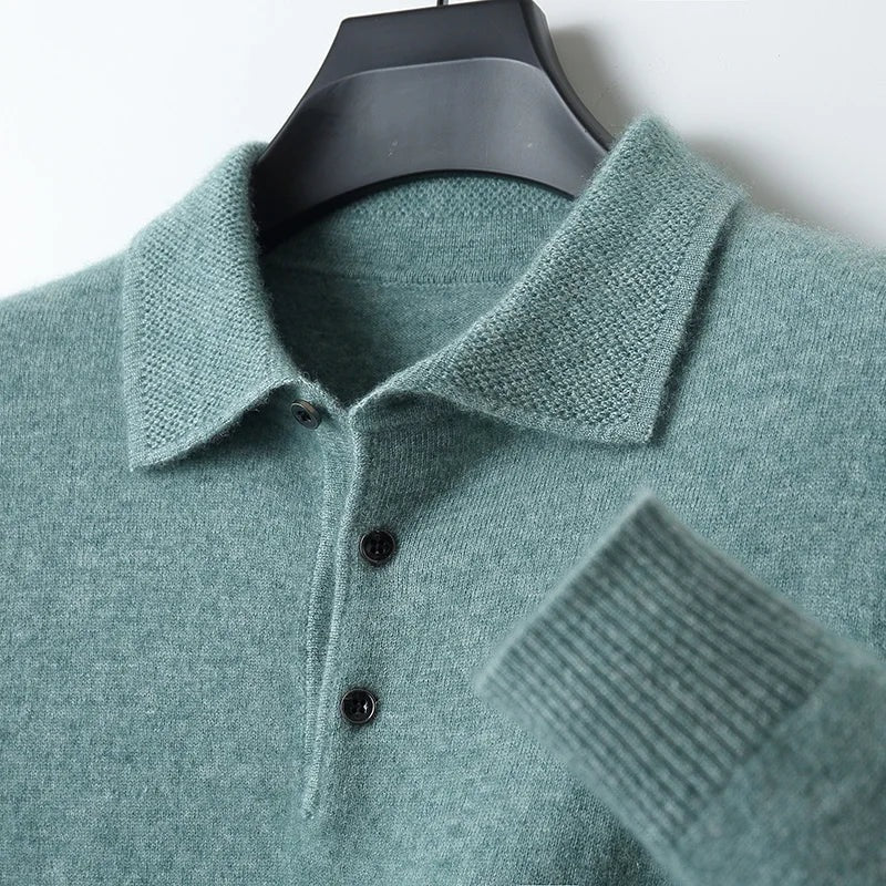 Men's knitted polo jumper with a polo collar and three-button placket - sage green