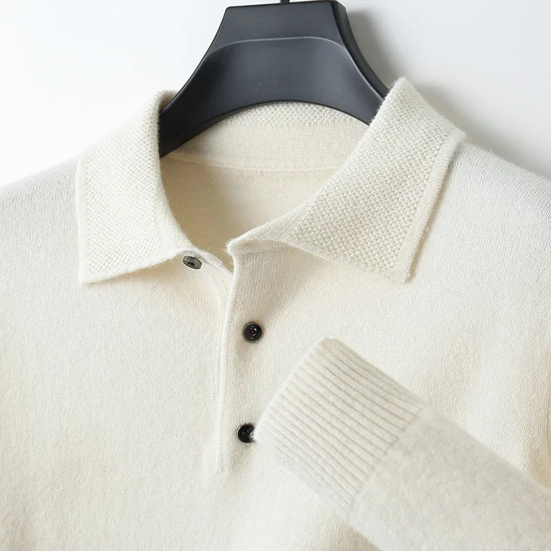 Men's knitted polo jumper with a polo collar and three-button placket - ecru