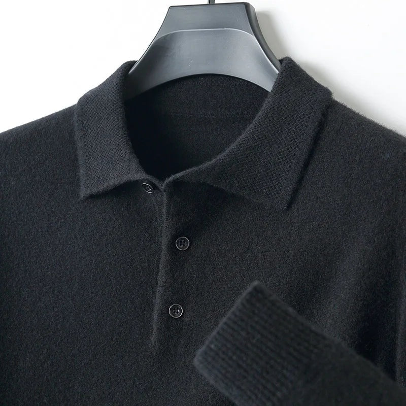 Men's knitted polo jumper with a polo collar and three-button placket - black