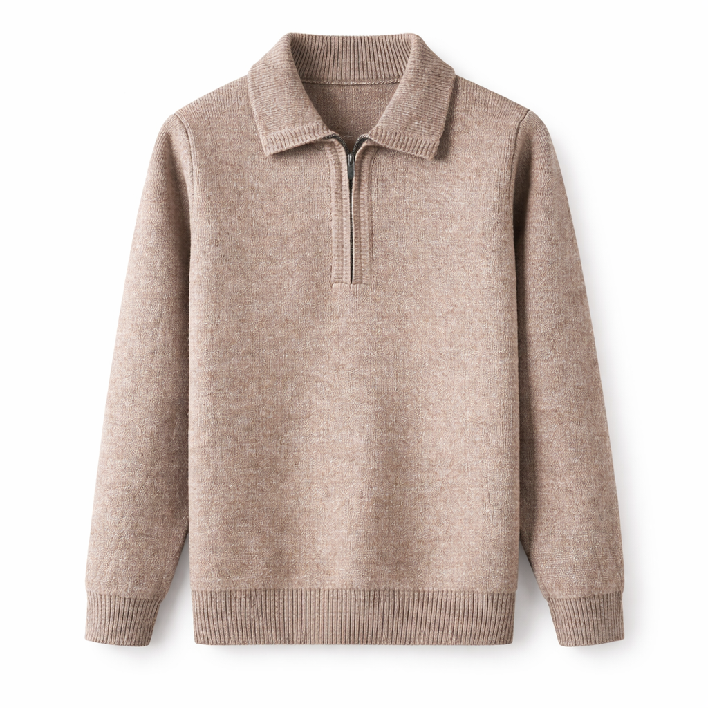 Men's knitted quarter-zip jumper with a shirt collar - beige
