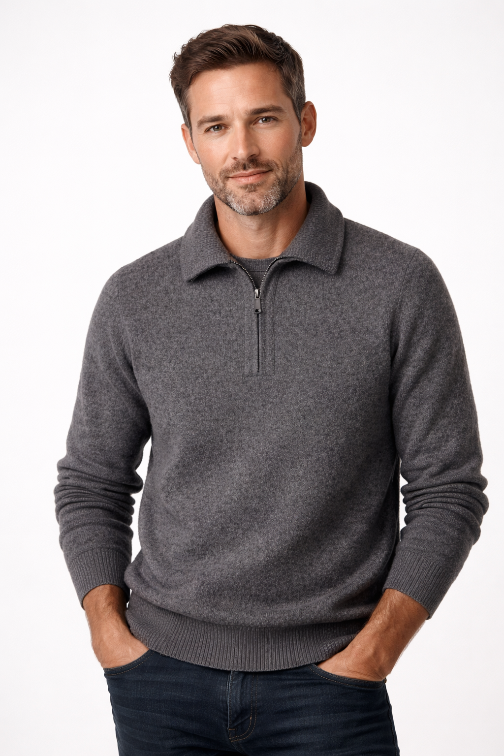 Men's knitted quarter-zip jumper with a shirt collar