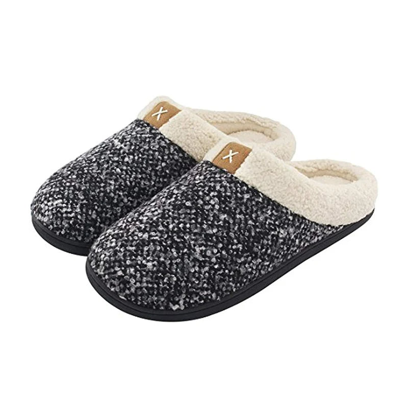 Men's knitted slippers with a teddy collar, open back and rubber sole - grey