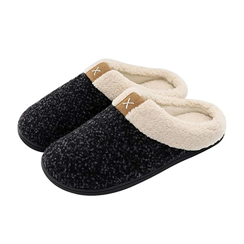 Men's knitted slippers with a teddy collar, open back and rubber sole - black